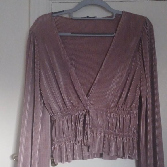 ZARA  Dark Champagne / Bronze Gold Pleated Blouse, M - Picture 4 of 8